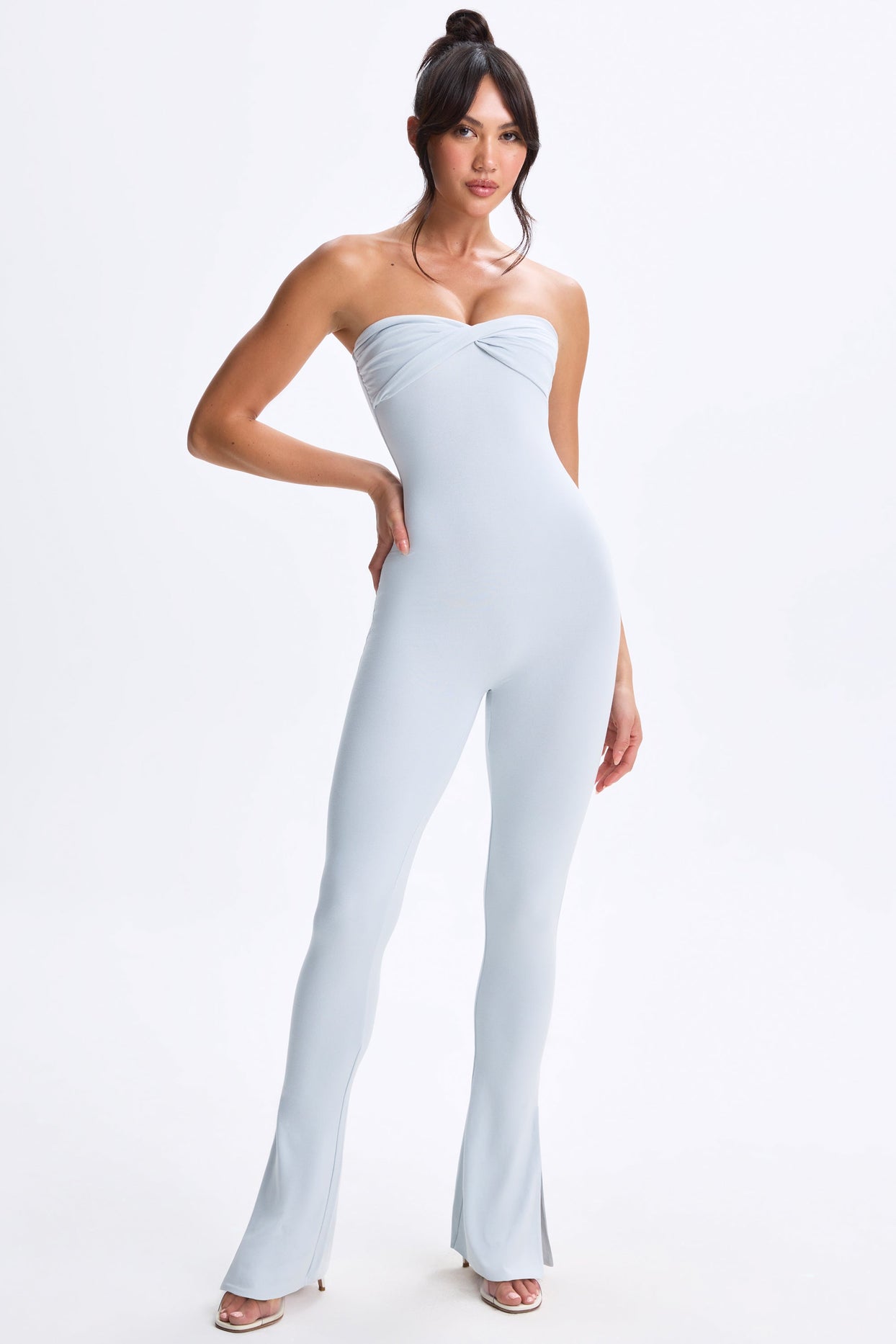 Tall Twist-Front Split Hem Flared Jumpsuit in Dusty Blue