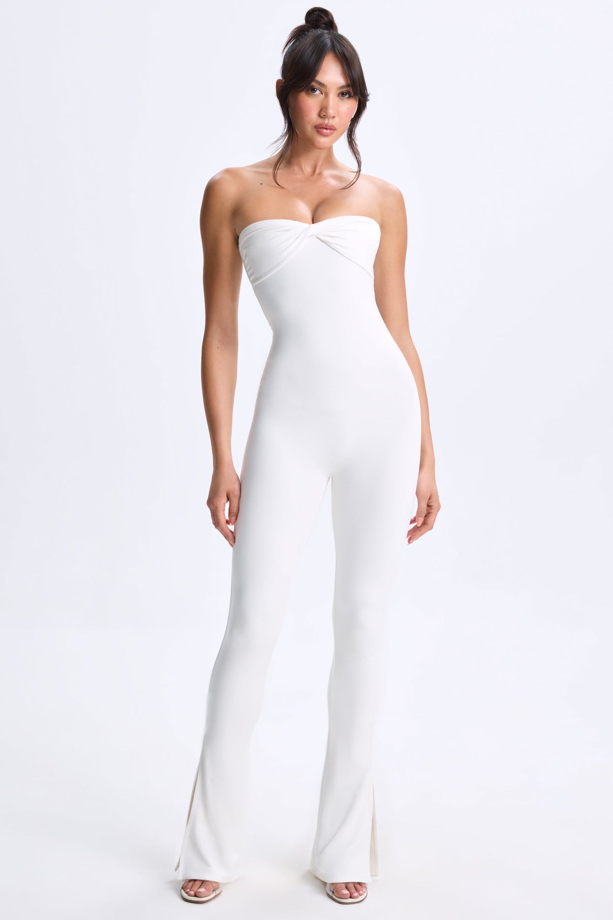 Tall Twist-Front Split Hem Flared Jumpsuit in White