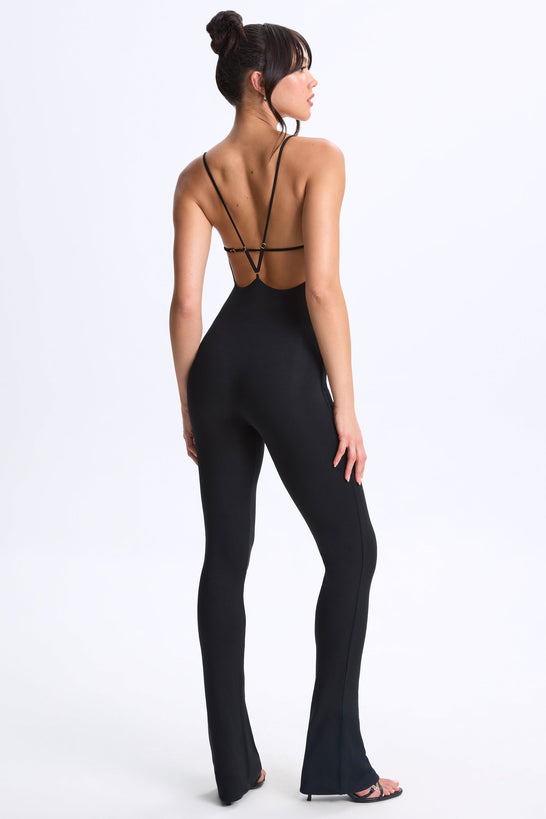 Tall Plunge Open-Back Flared Jumpsuit in Black