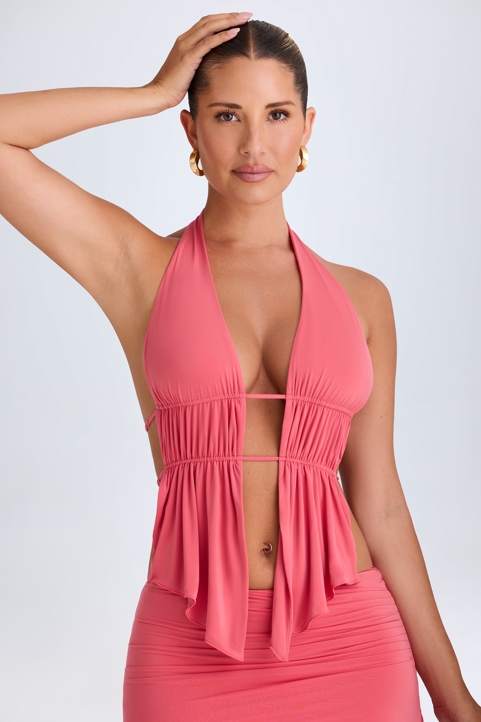 Cut-Out Ruched Halterneck Crop Top in Coral