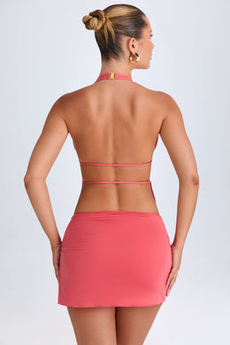 Cut-Out Ruched Halterneck Crop Top in Coral
