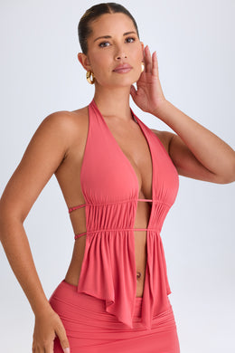 Cut-Out Ruched Halterneck Crop Top in Coral