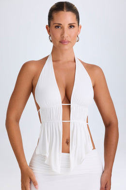 Cut-Out Ruched Halterneck Crop Top in White