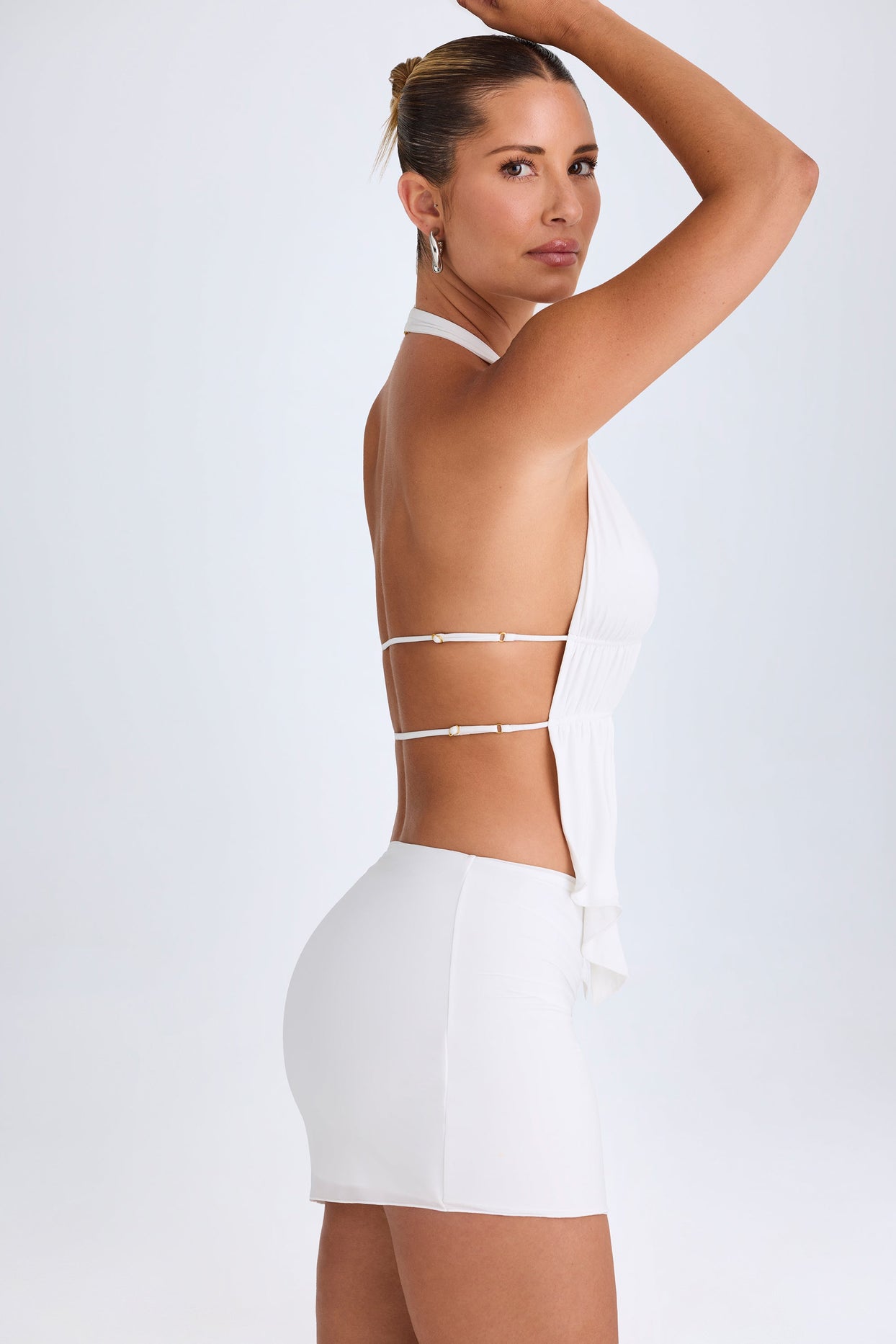 Cut-Out Ruched Halterneck Crop Top in White