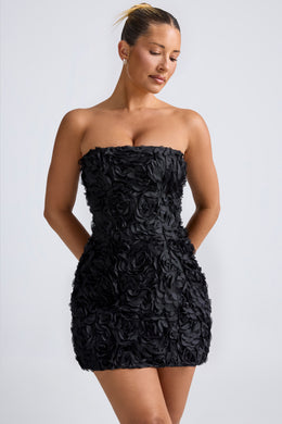 Floral-Appliqué Bandeau A-Line Mini Dress in Black