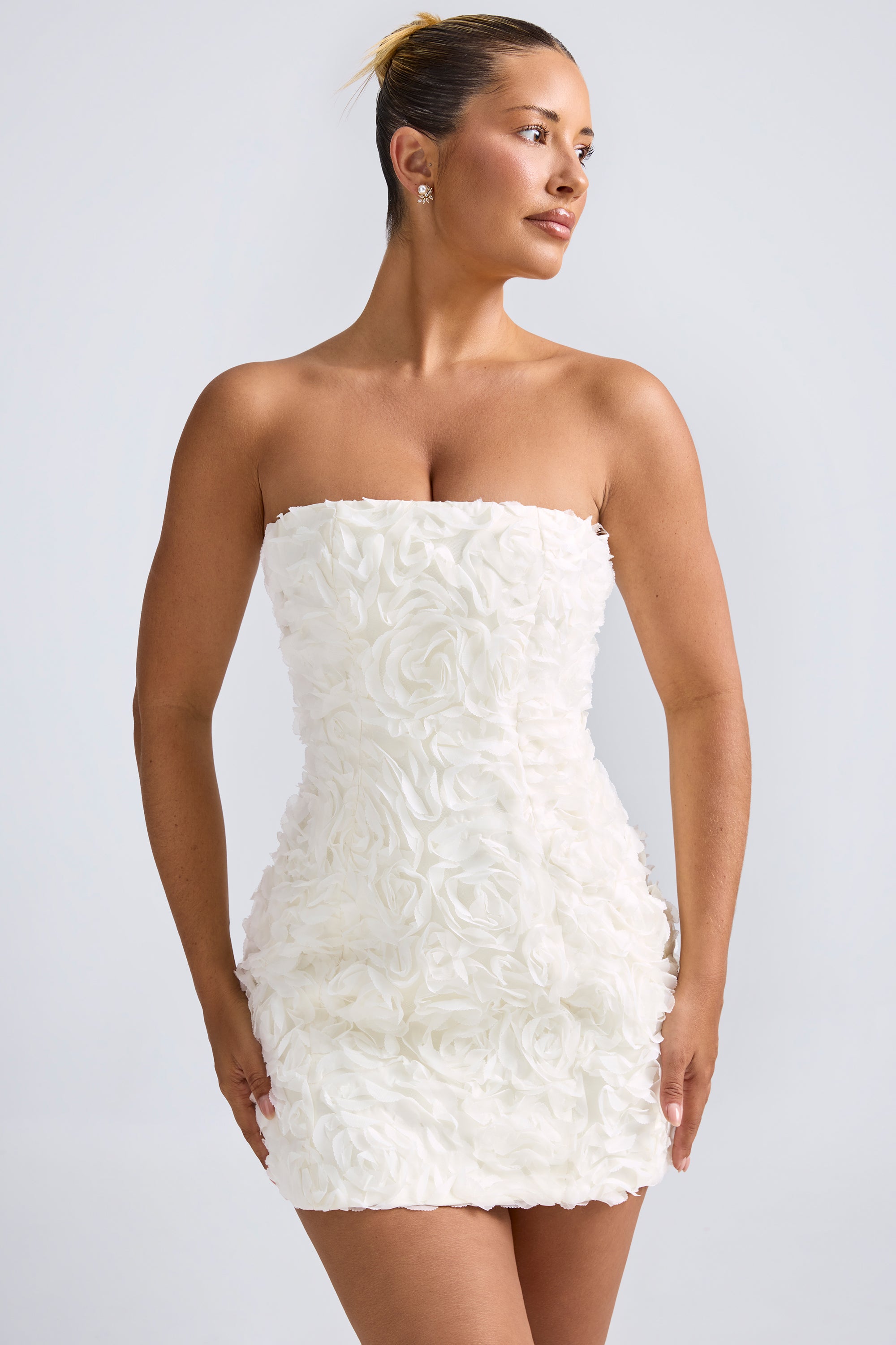 Azaelea Floral-Appliqué Bandeau A-Line Mini Dress in White
