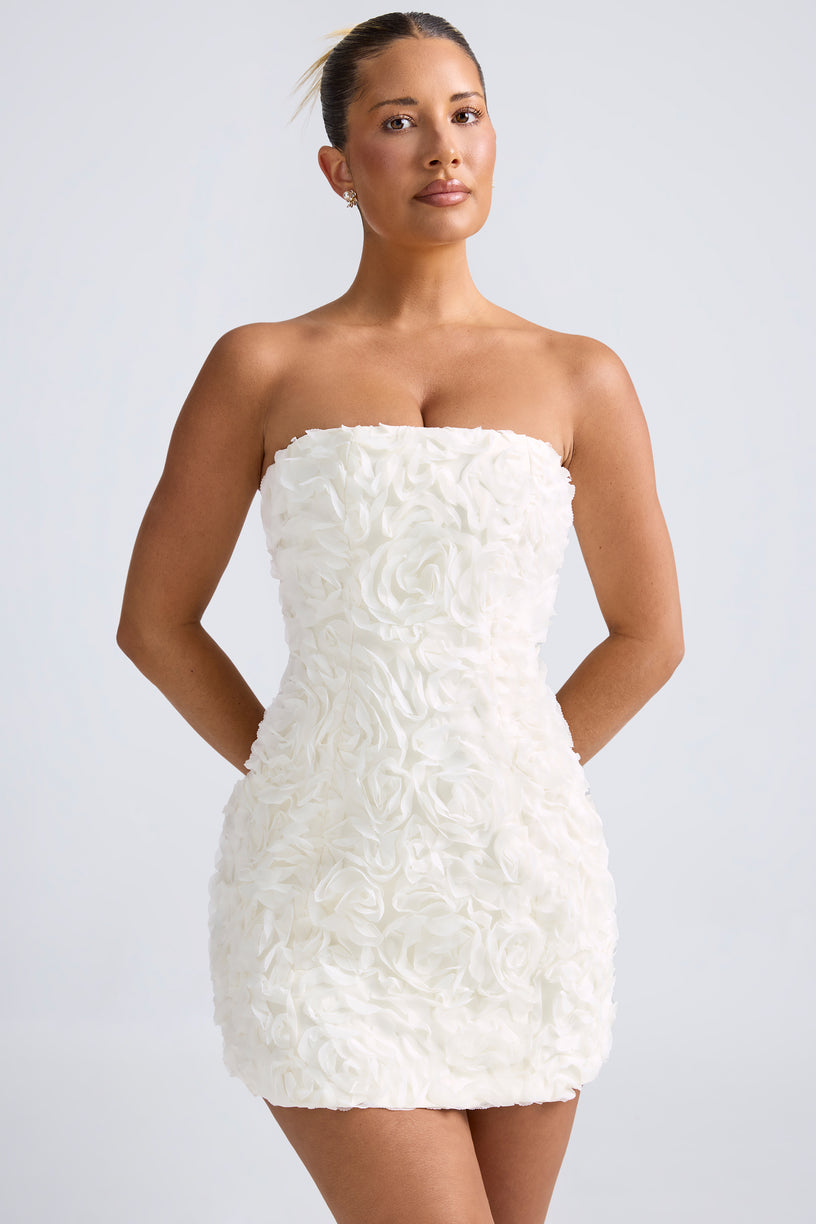 Floral-Appliqué Bandeau A-Line Mini Dress in White - 1