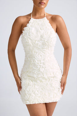 Floral-Appliqué Halterneck A-Line Mini Dress in White