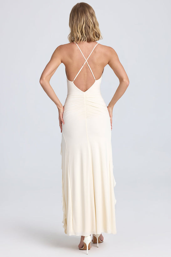 Ruched Ruffle-Trim Maxi Dress in Ivory