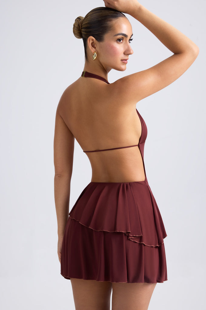 Ruffled Cut-Out Halterneck Mini Dress in Chestnut Brown