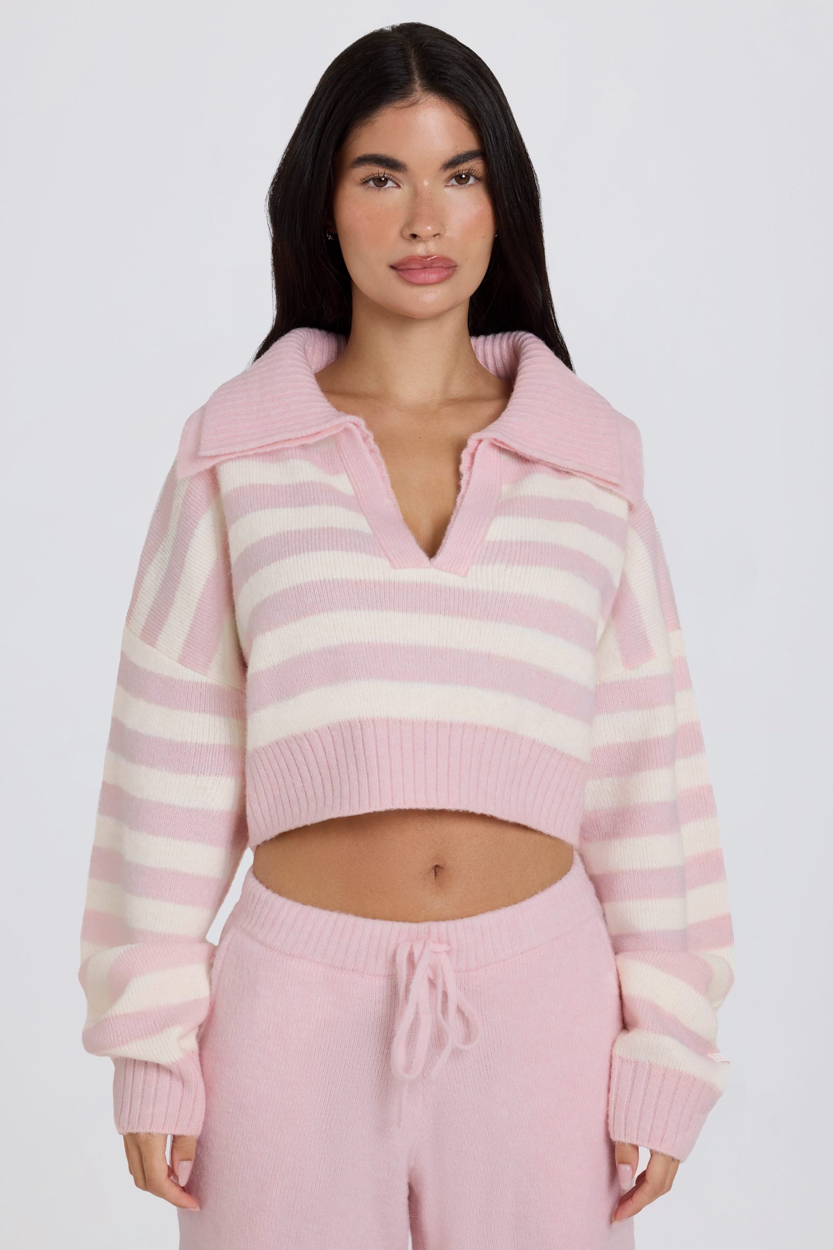 Soft Knit Layered Collar Cropped Jumper in Pink Stripe - 1