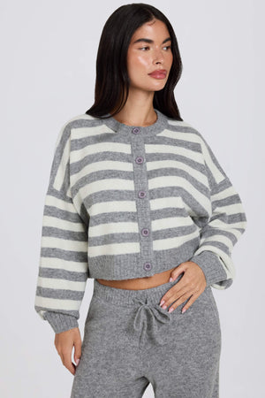 Soft Knit Stripe Cropped Cardigan in Grey Stripe