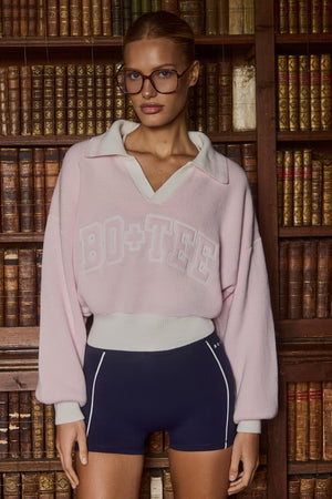 Cotton Jersey Oversized V-Neck Jumper in Powder Pink