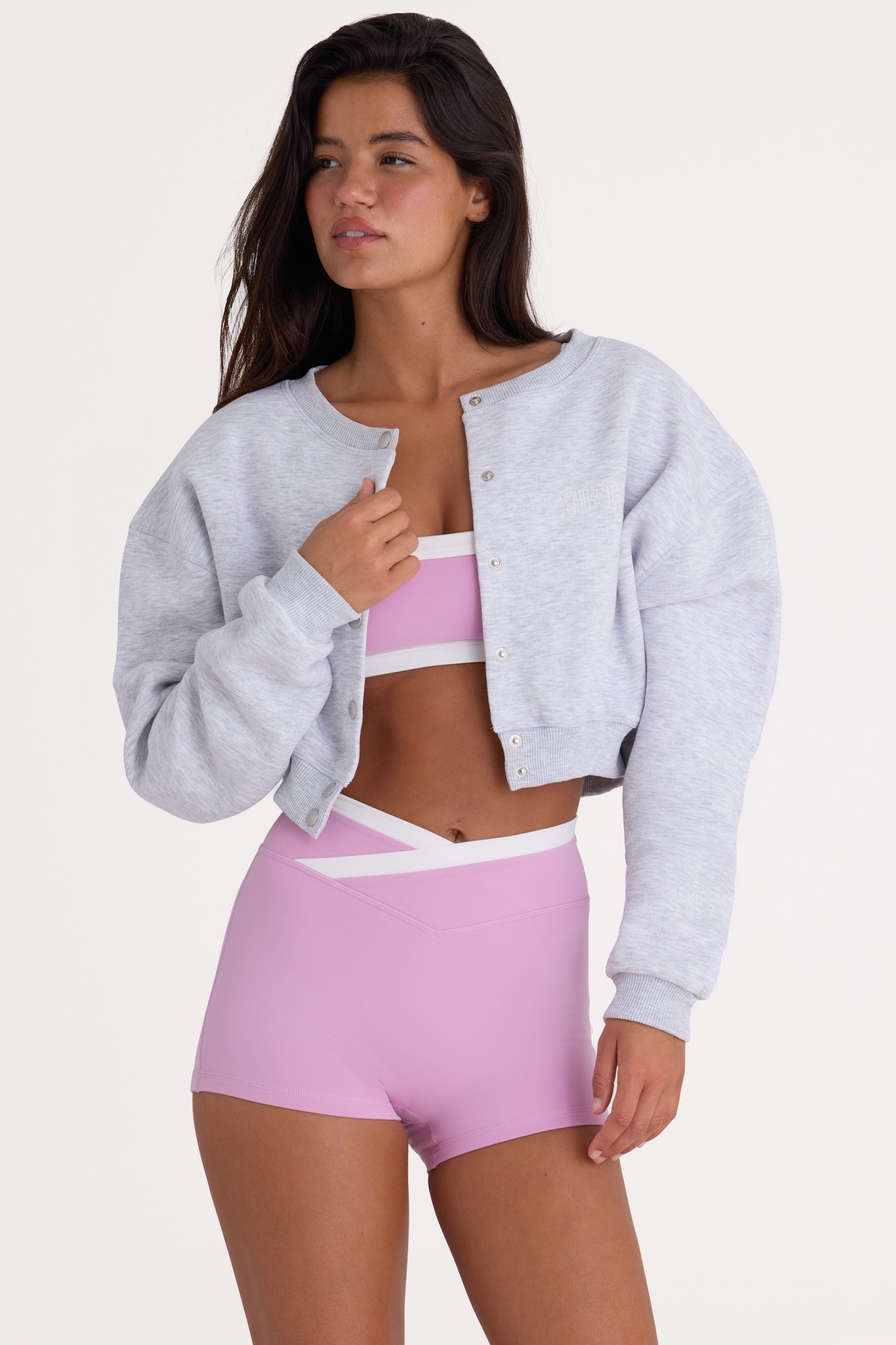 Brushed Jersey Button-Up Cropped Cardigan in Grey Marl