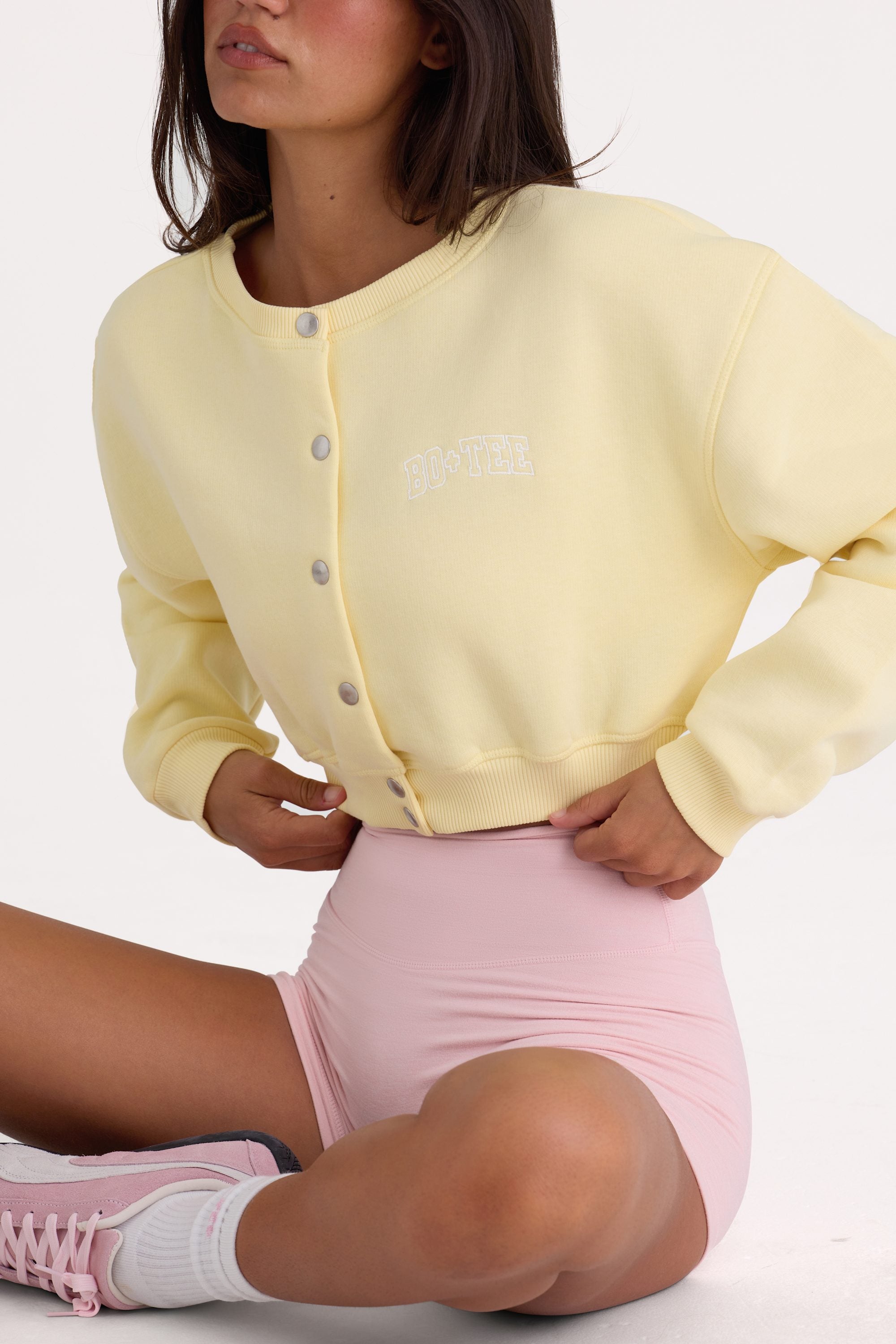 Brushed Jersey Button-Up Cropped Cardigan in Lemon