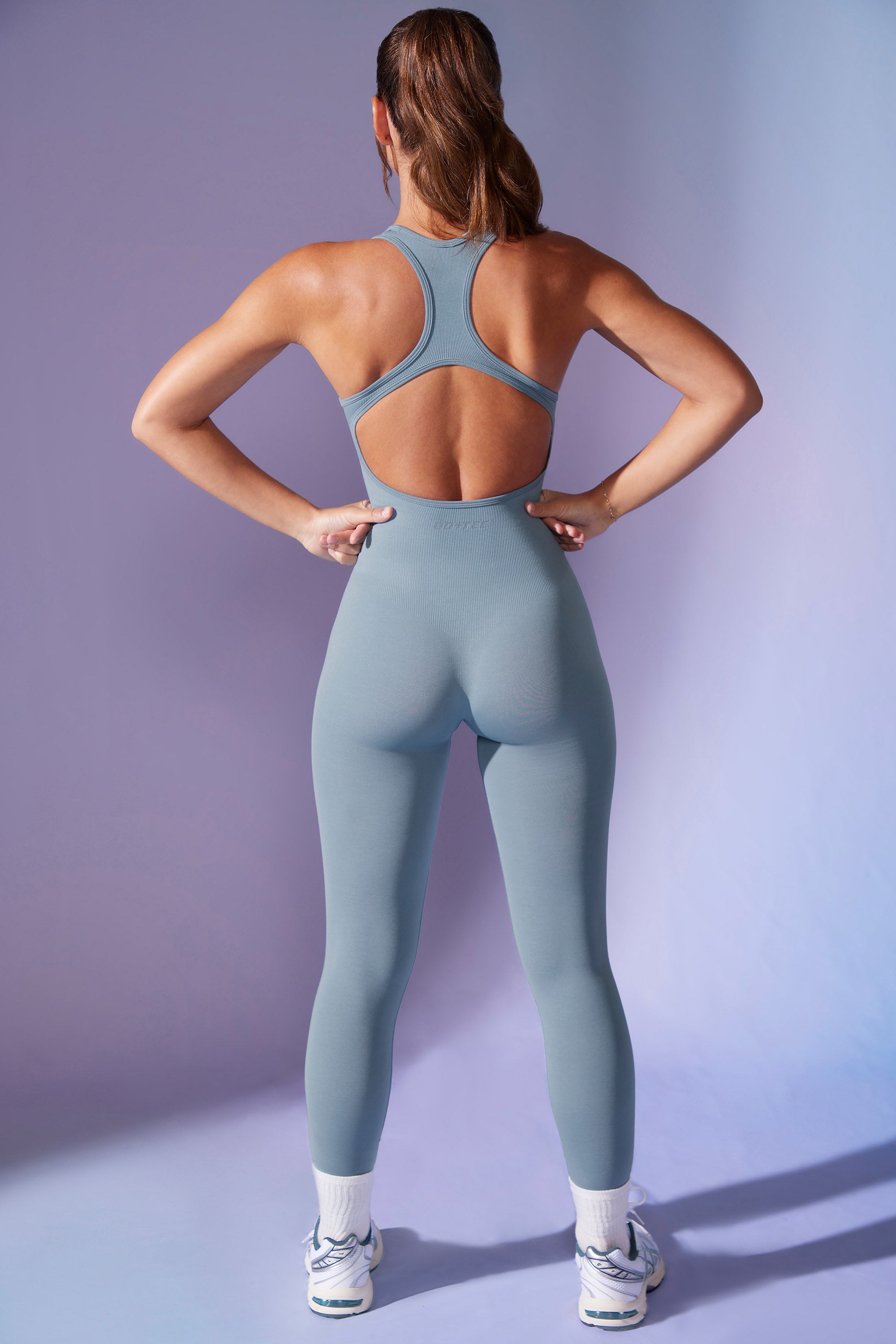 Petite Open Back Define Luxe Unitard in Denim Blue