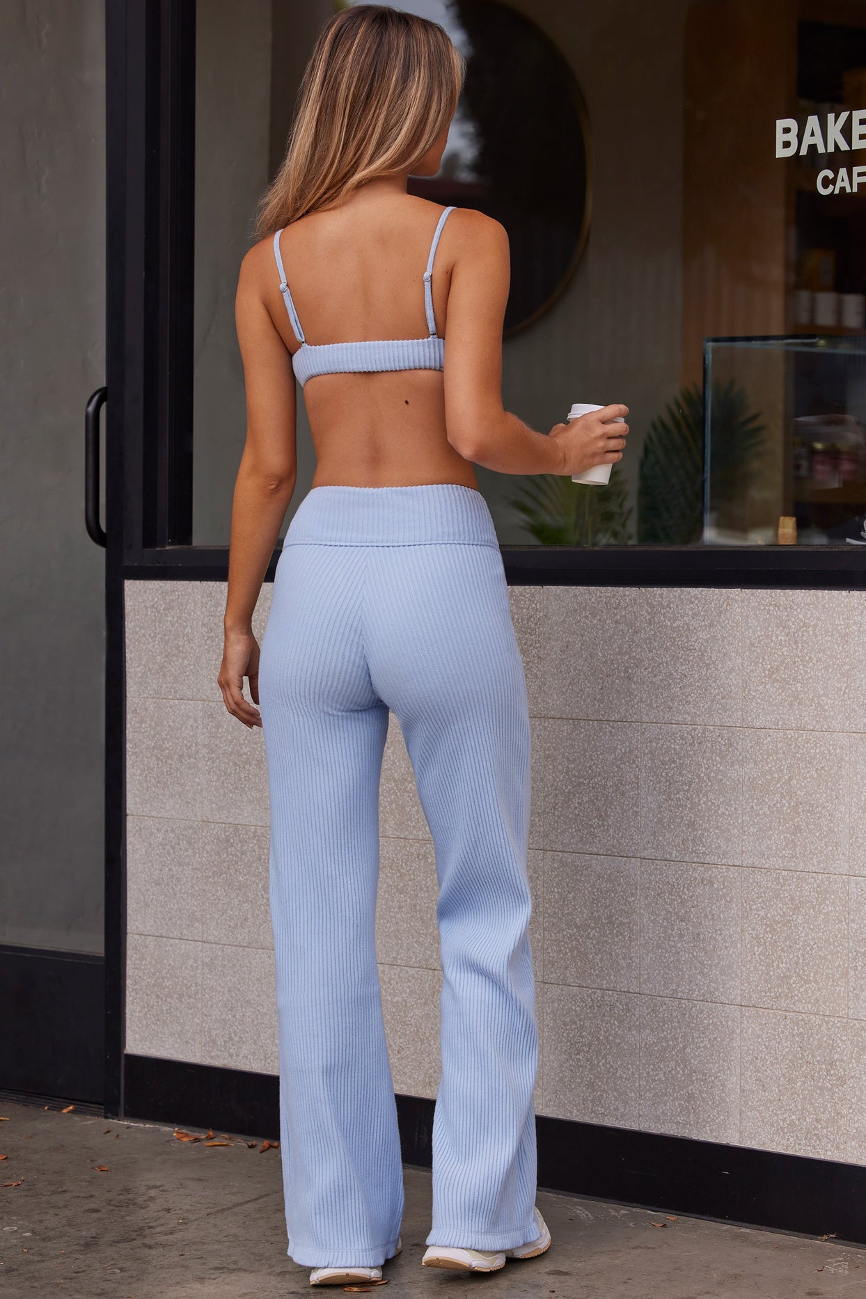 Soft Rib High Waist Fold Over Trousers in Soft Blue