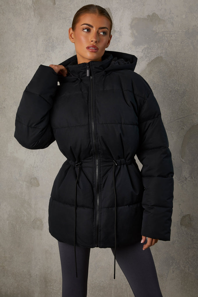 Mid Length Hooded Puffer Coat in Black