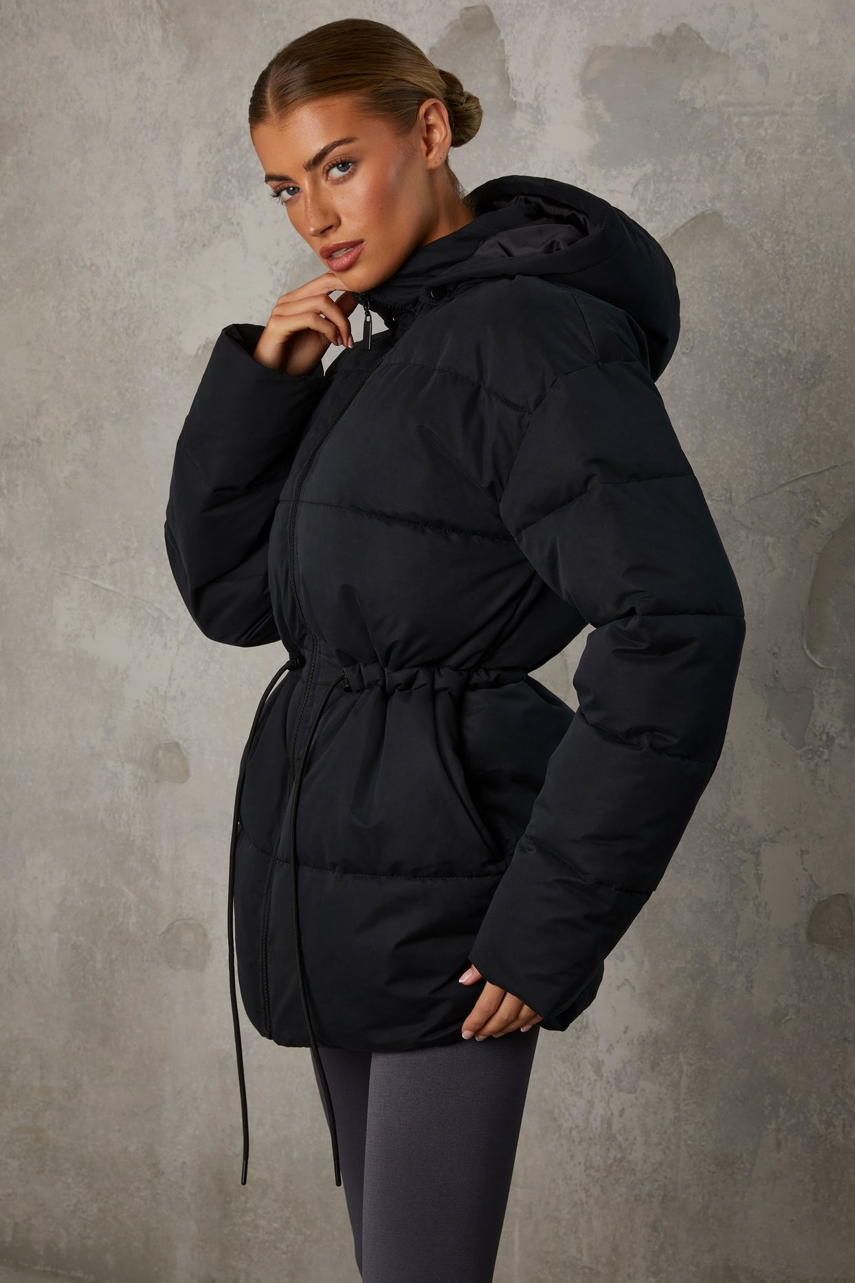 Mid Length Hooded Puffer Coat in Black