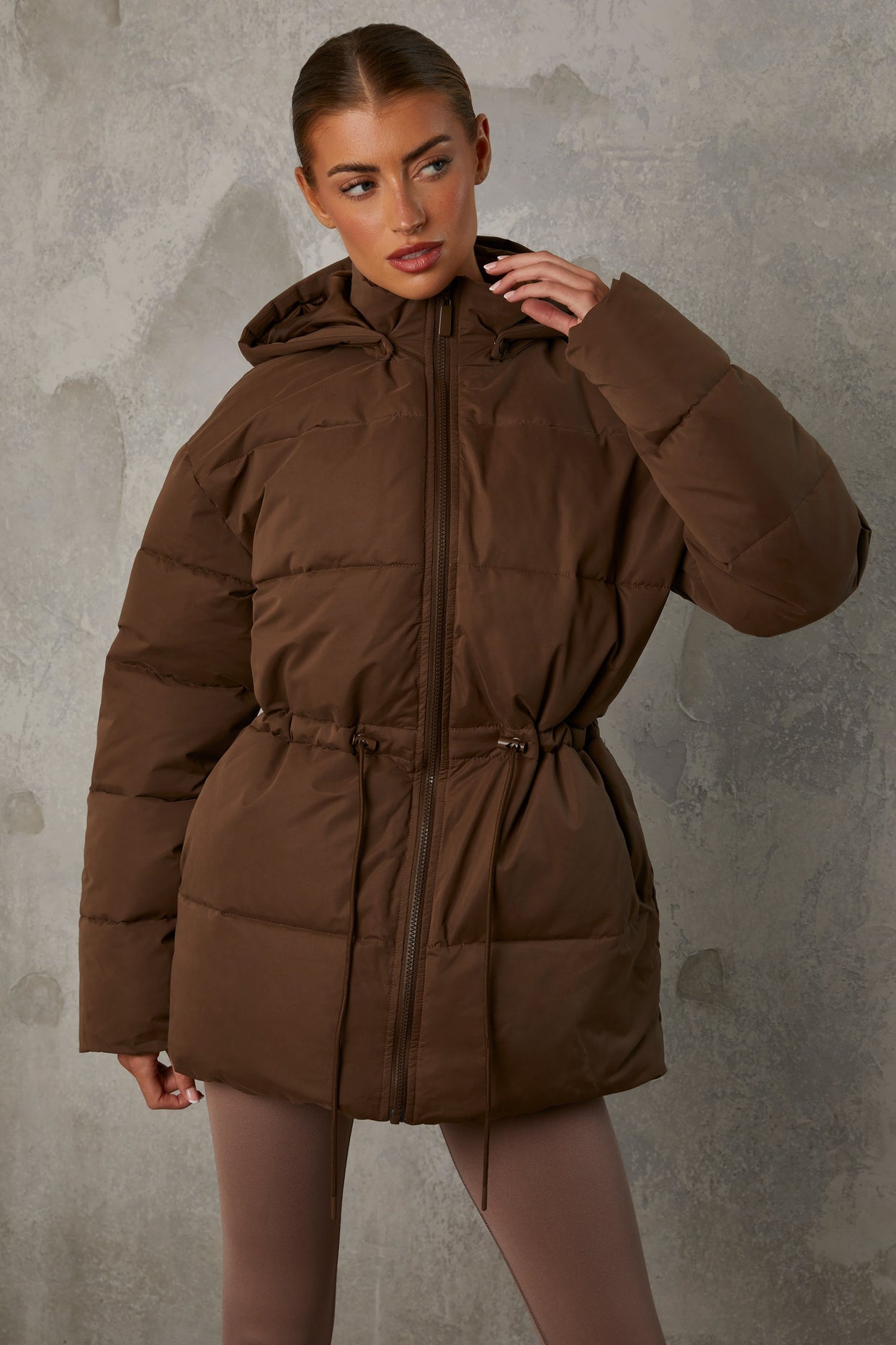 Mid Length Hooded Puffer Coat in Cocoa Brown