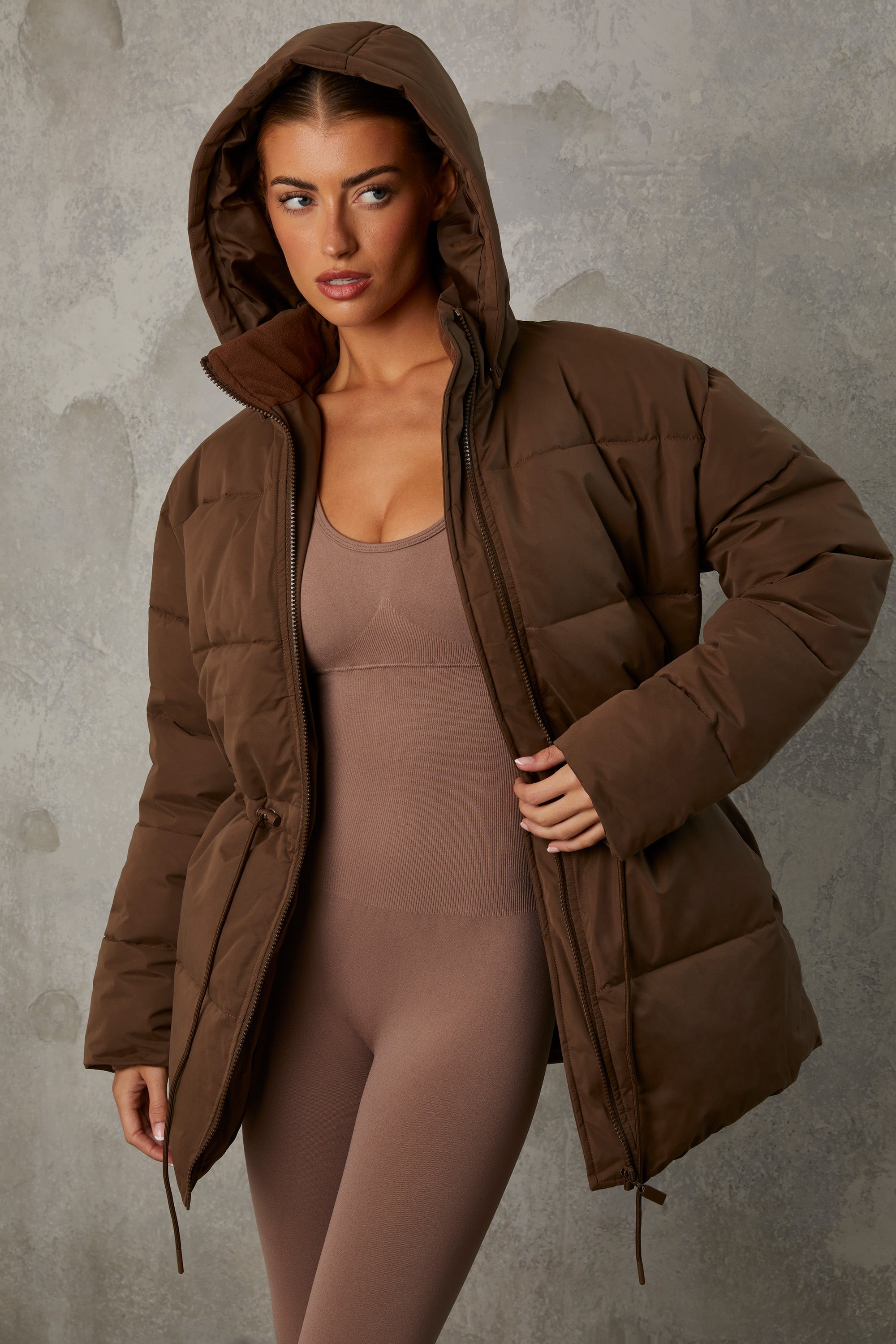 Snug Mid Length Hooded Puffer Coat in Cocoa Brown | Oh Polly