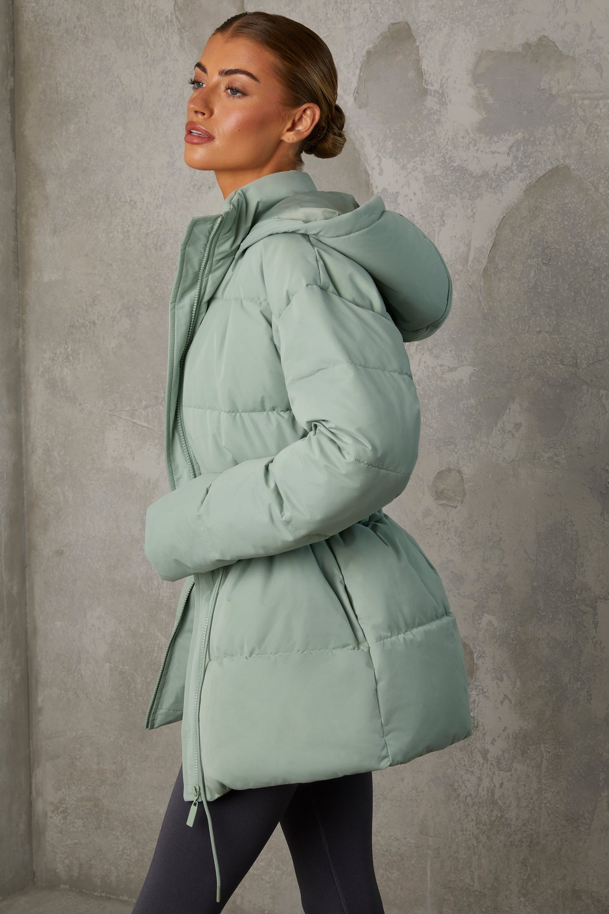 Mid Length Hooded Puffer Coat in Iceberg Green