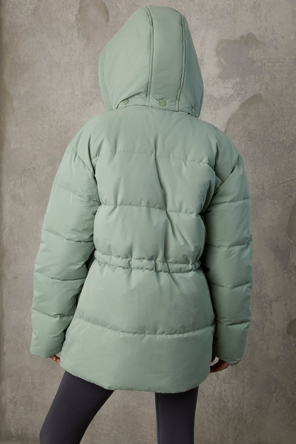 Mid Length Hooded Puffer Coat in Iceberg Green