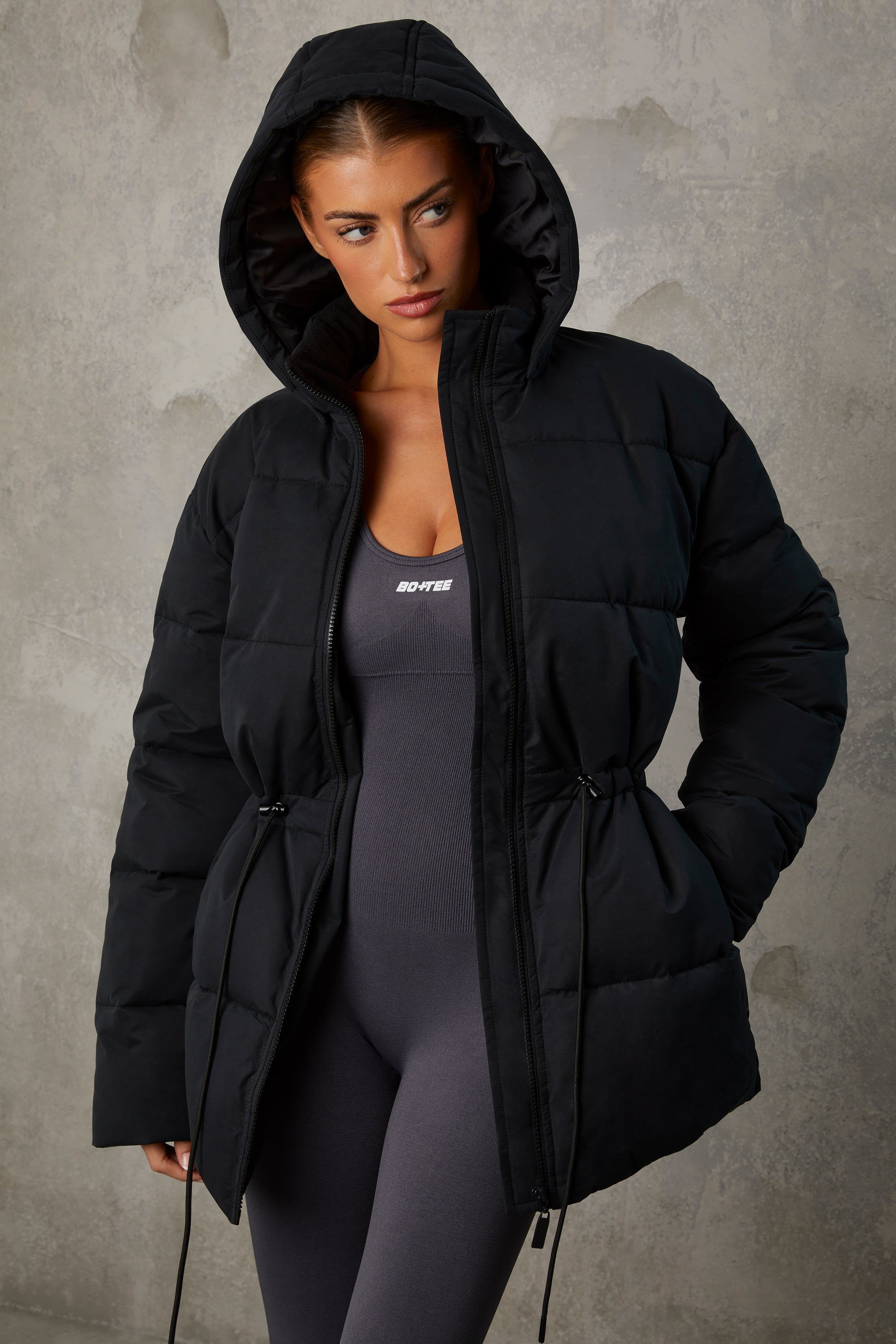 Black full length puffer clearance coat