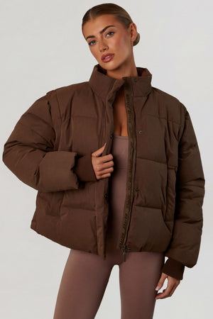 Cropped Puffer Jacket with Detachable Sleeves in Cocoa Brown