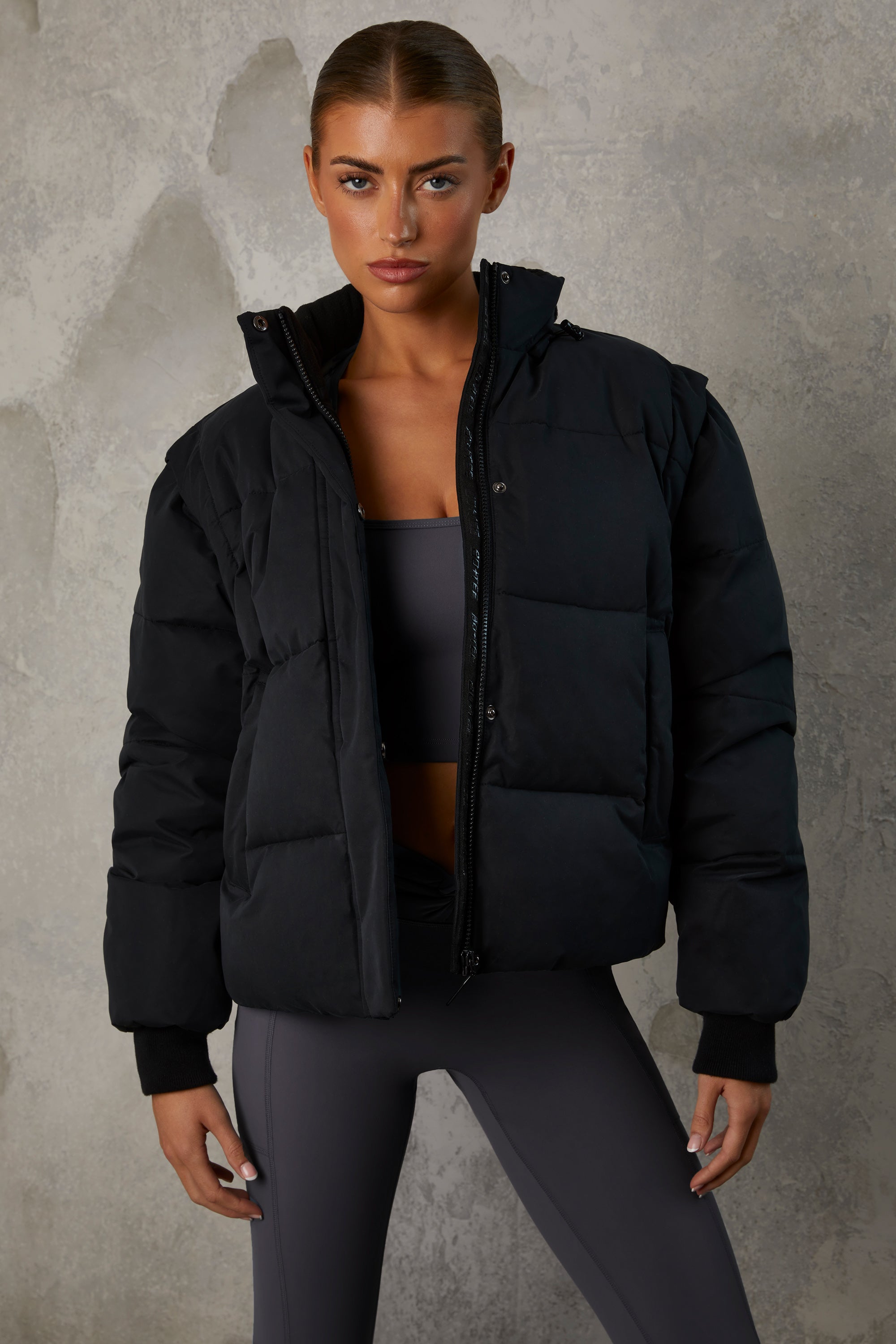 Essential Cropped Puffer Jacket with Detachable Sleeves in Black