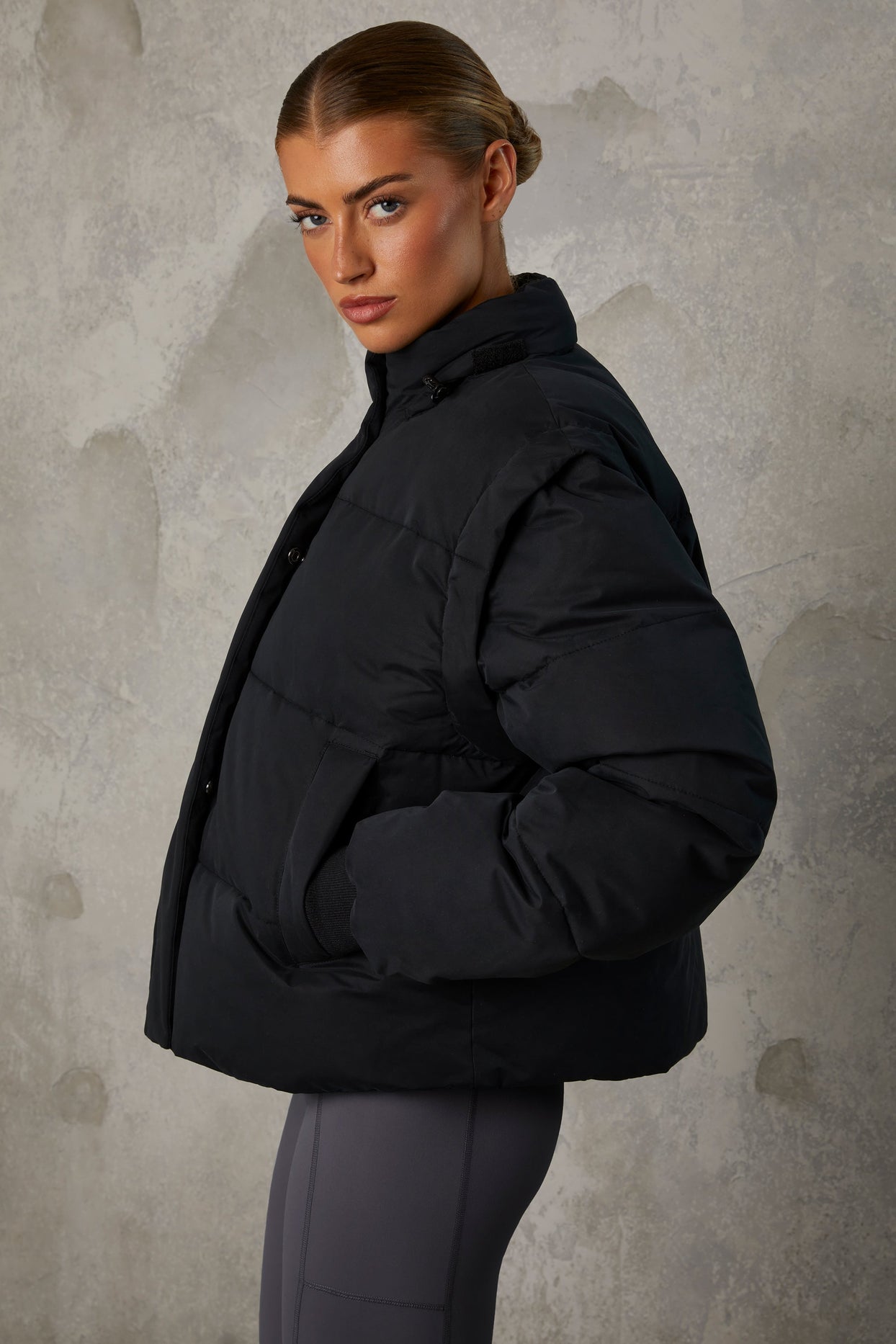 Cropped Puffer Jacket with Detachable Sleeves in Black