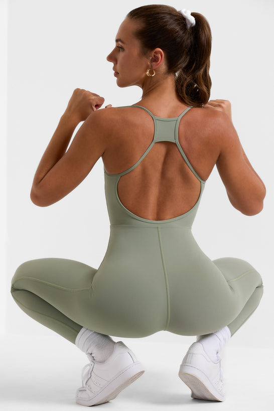 Petite Open Back Full Length Unitard in Bamboo Green