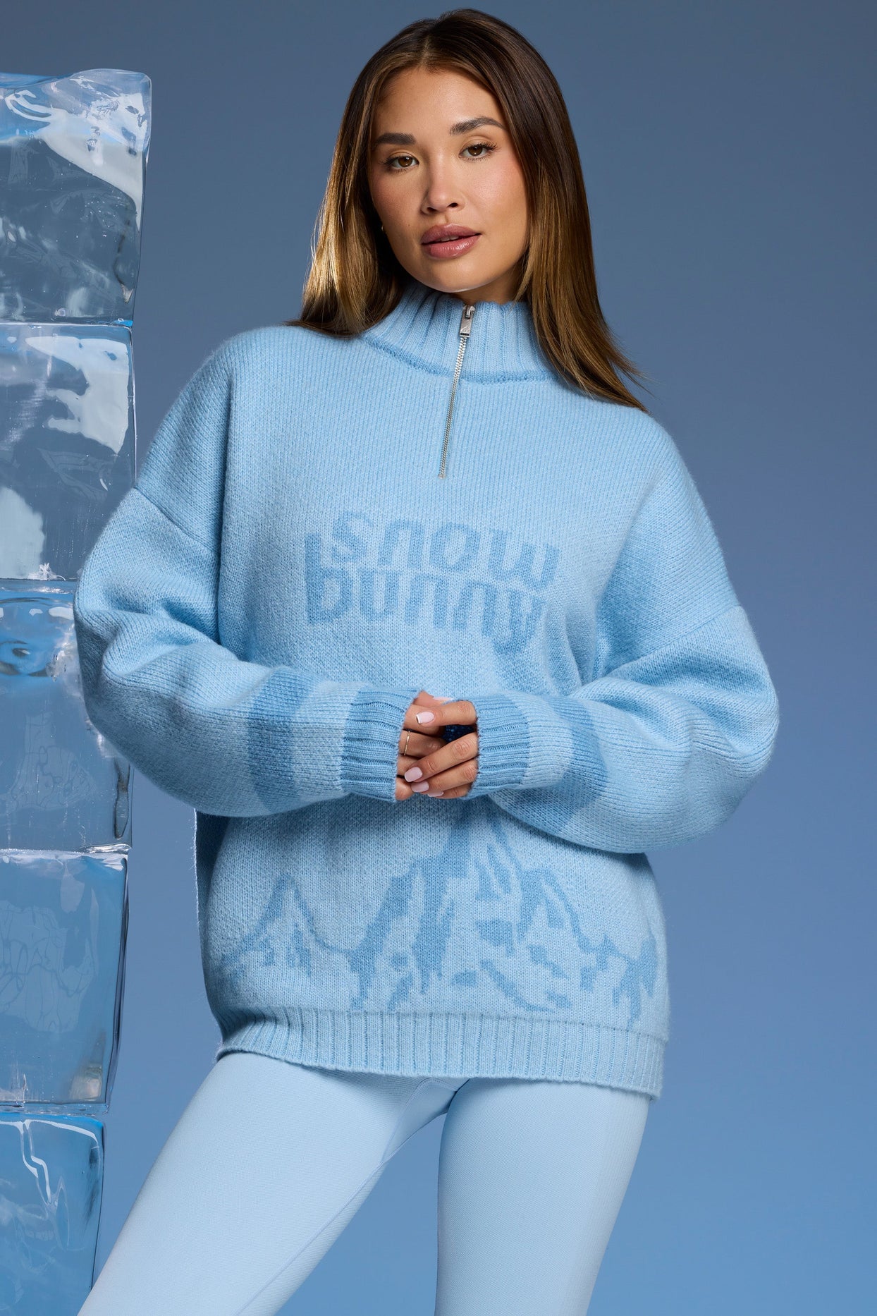Oversized Half Zip Chunky Knit Jumper in Baby Blue