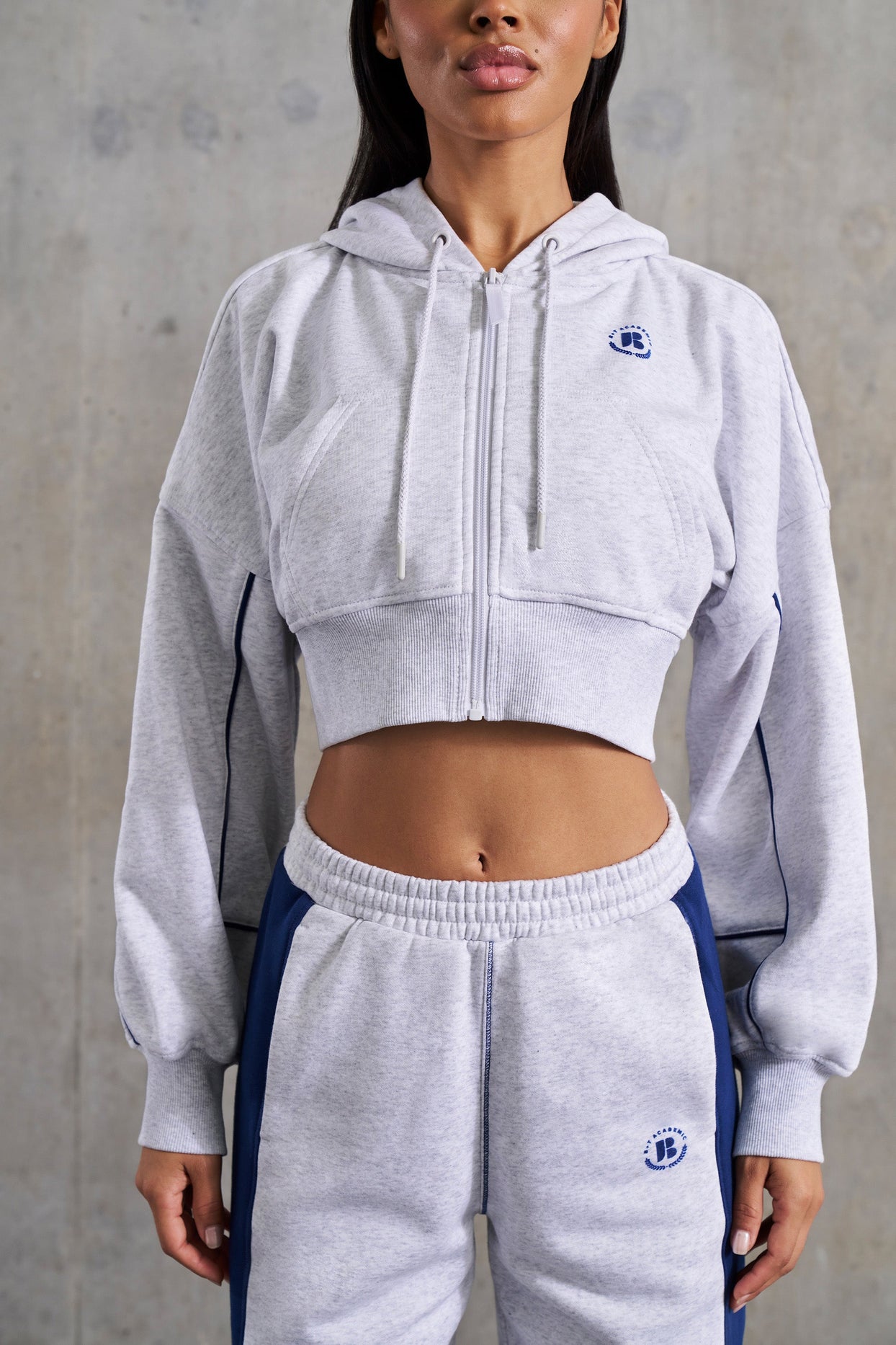 Waffle Lined Cropped Zip Up Hooded Jacket in Heather Grey