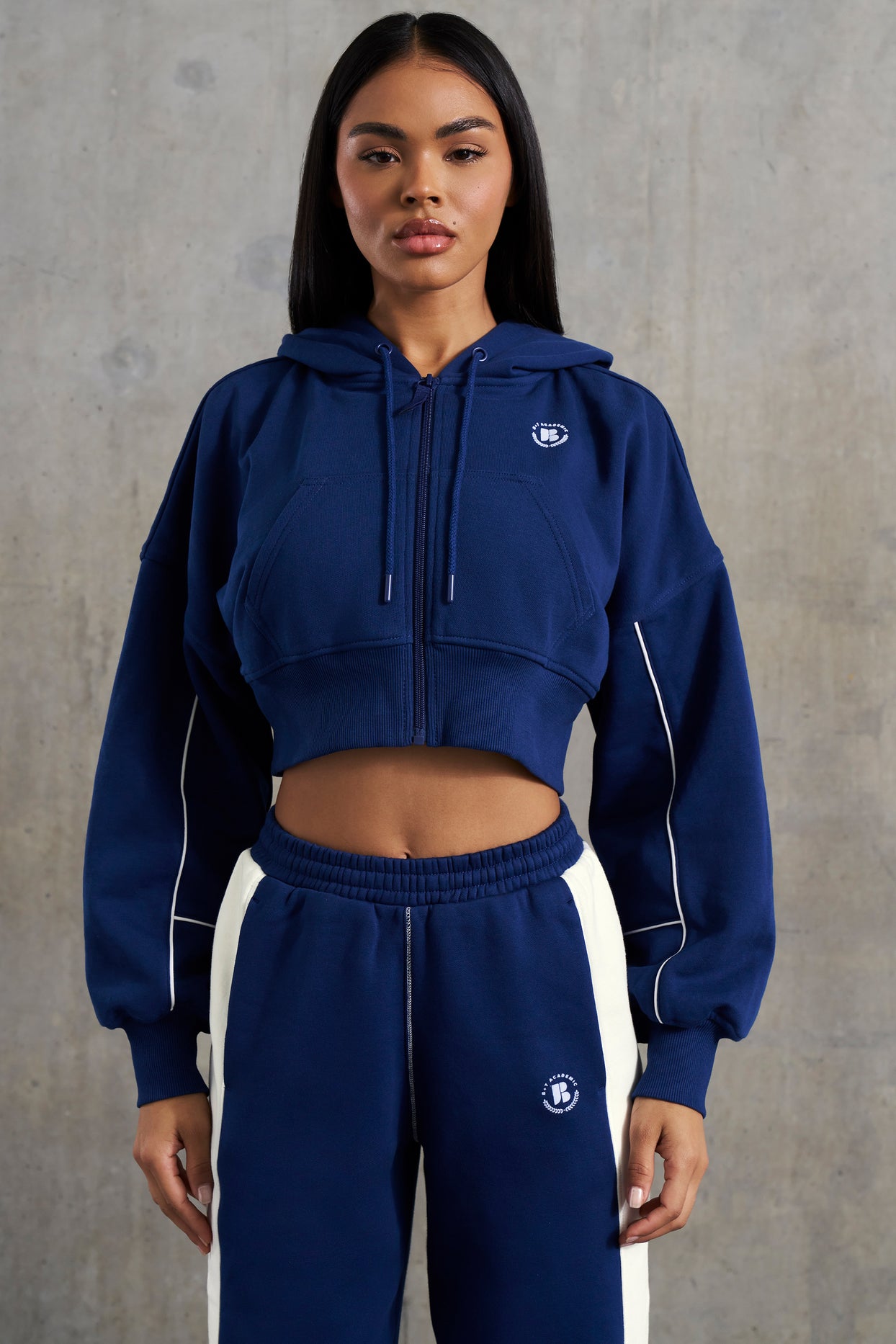 Waffle Lined Cropped Zip Up Hooded Jacket in Navy
