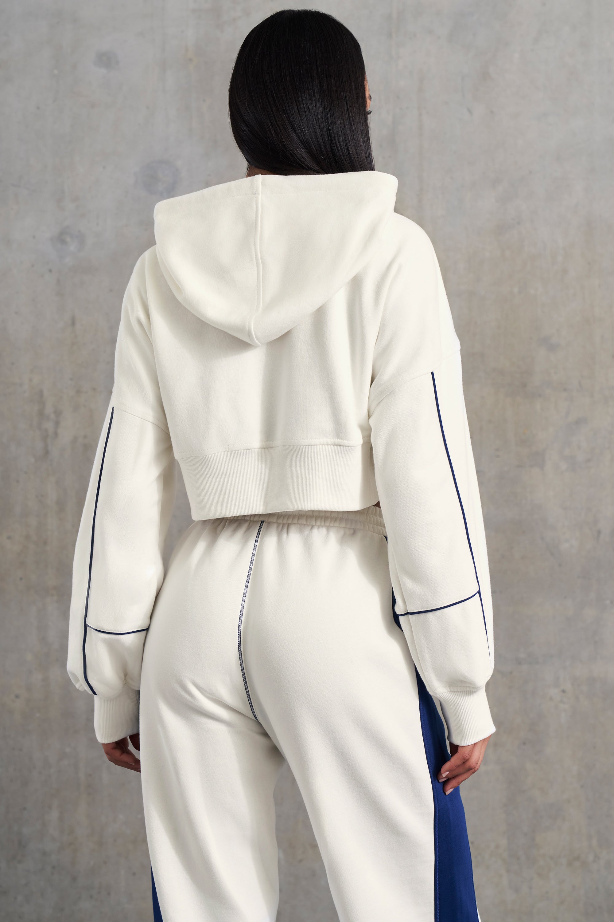 Waffle Lined Cropped Zip Up Hooded Jacket in White