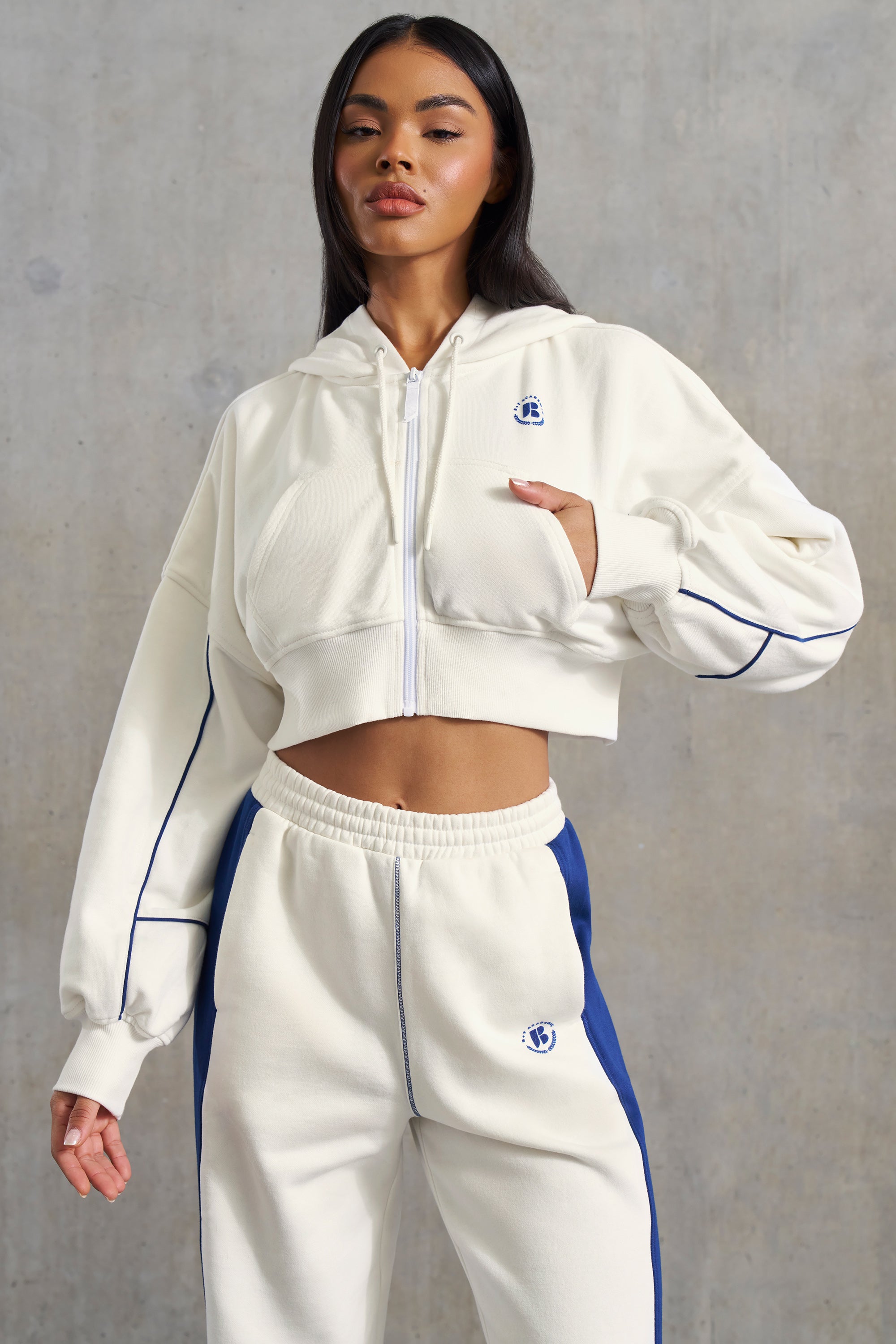 Waffle Lined Cropped Zip Up Hooded Jacket in White