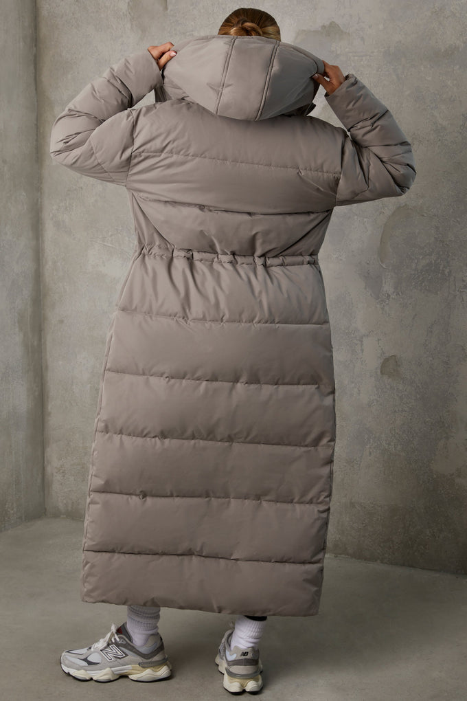 Full Length Hooded Puffer Coat in Warm Grey