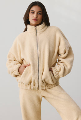 Oversized Fleece Zip Up Jacket in Cashmere