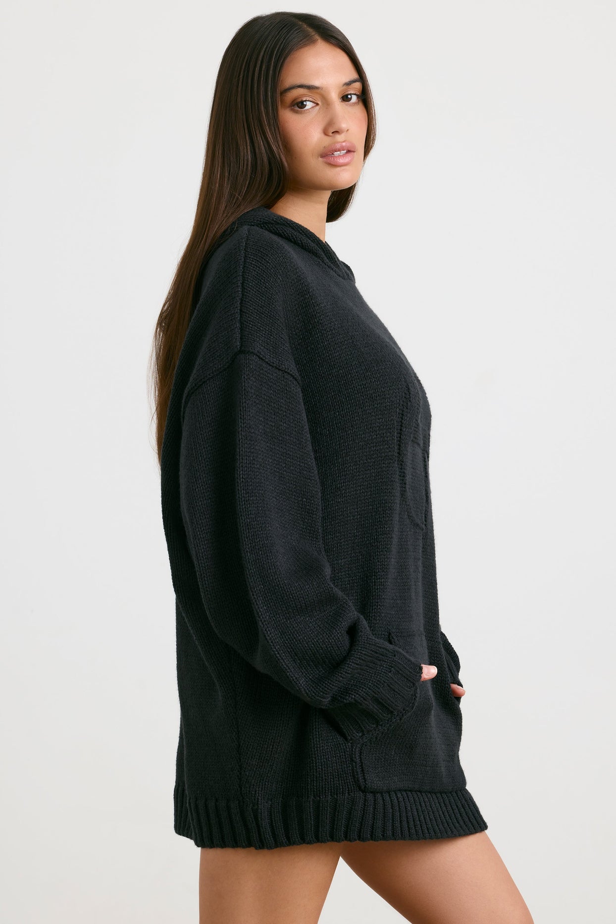 Oversized Chunky Knit Hoodie in Black