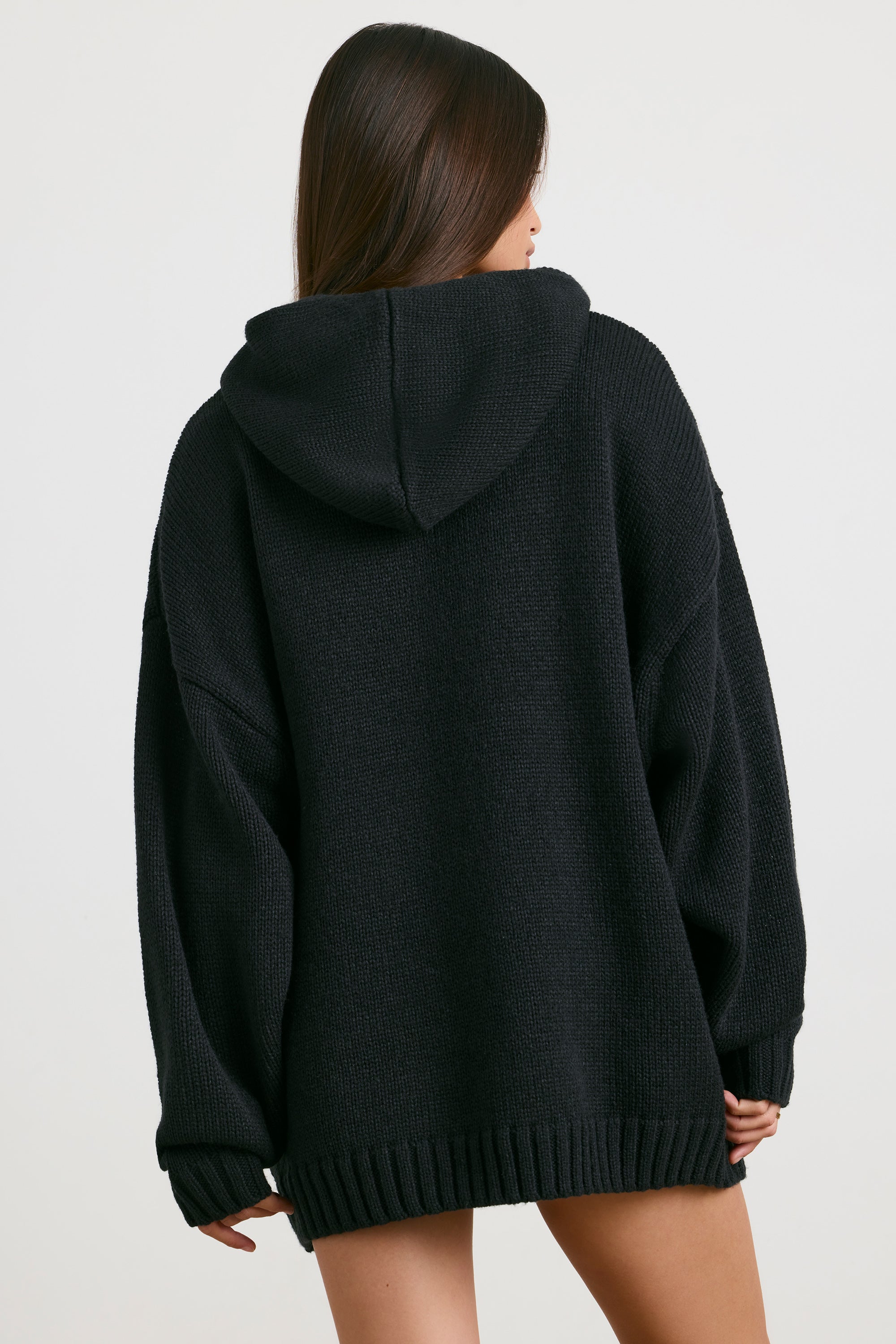 Oversized Chunky Knit Hoodie in Black