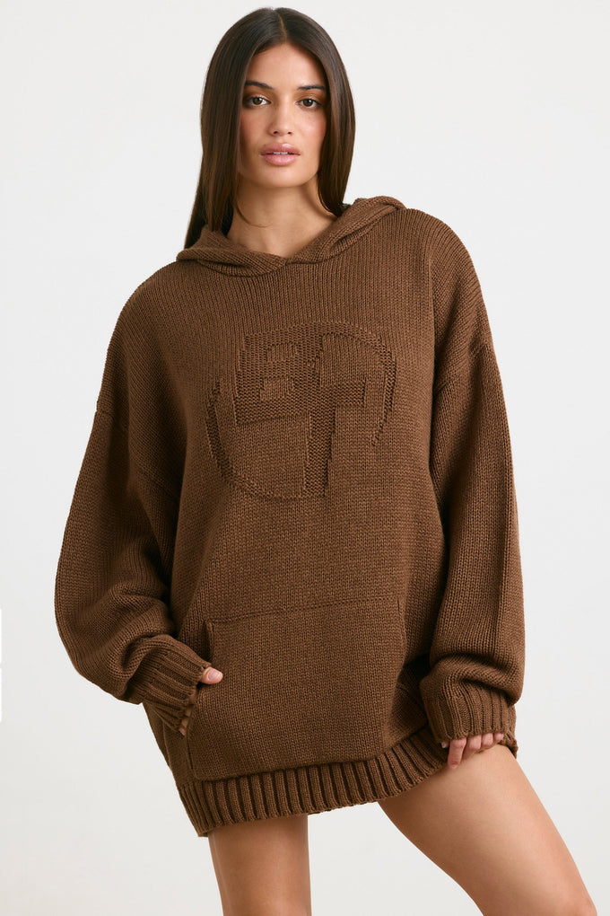 Oversized Chunky Knit Hoodie in Espresso