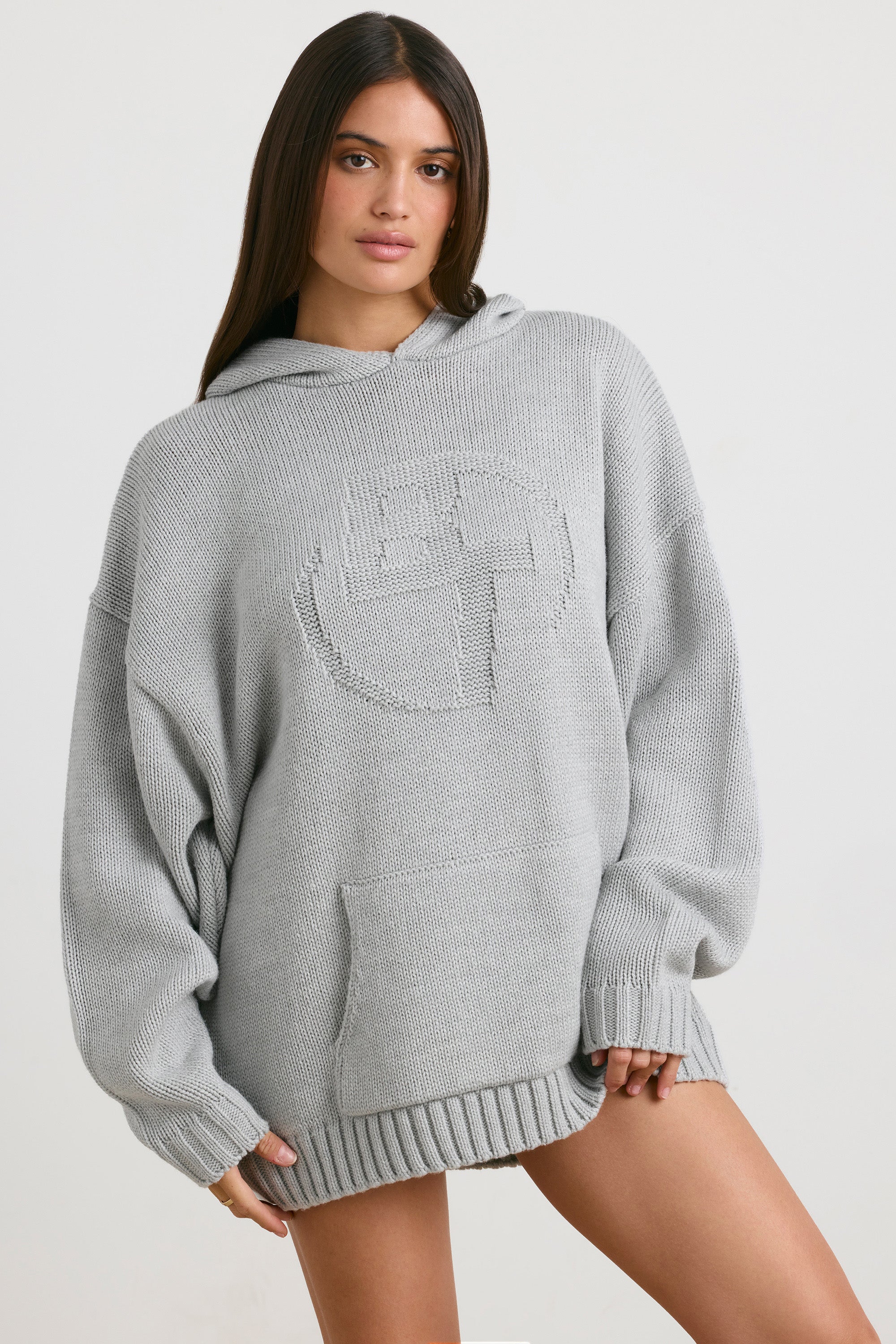 Sudadera con capucha de punto grueso extragrande en gris jaspeado