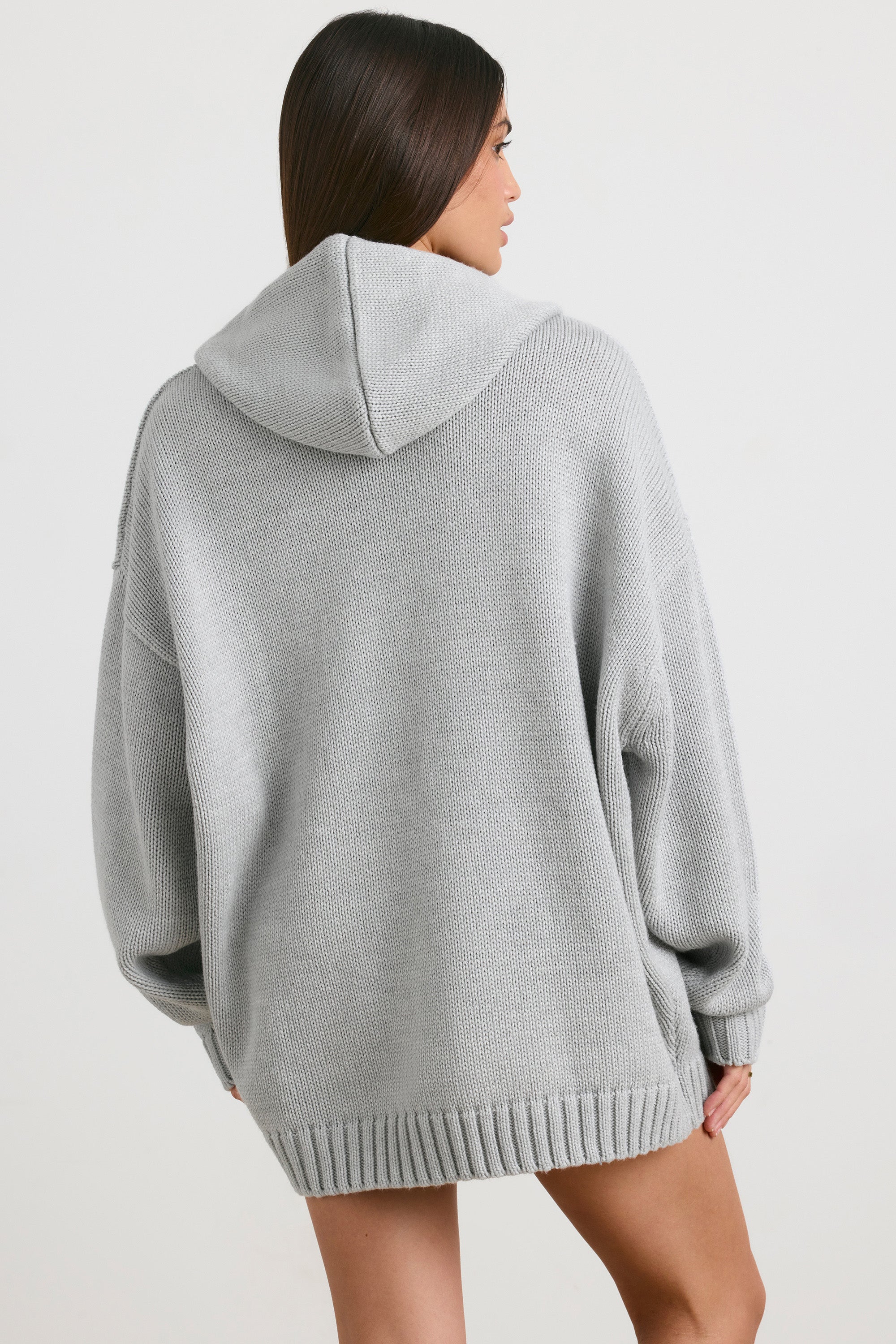 Oversized Chunky Knit Hoodie in Heather Grey