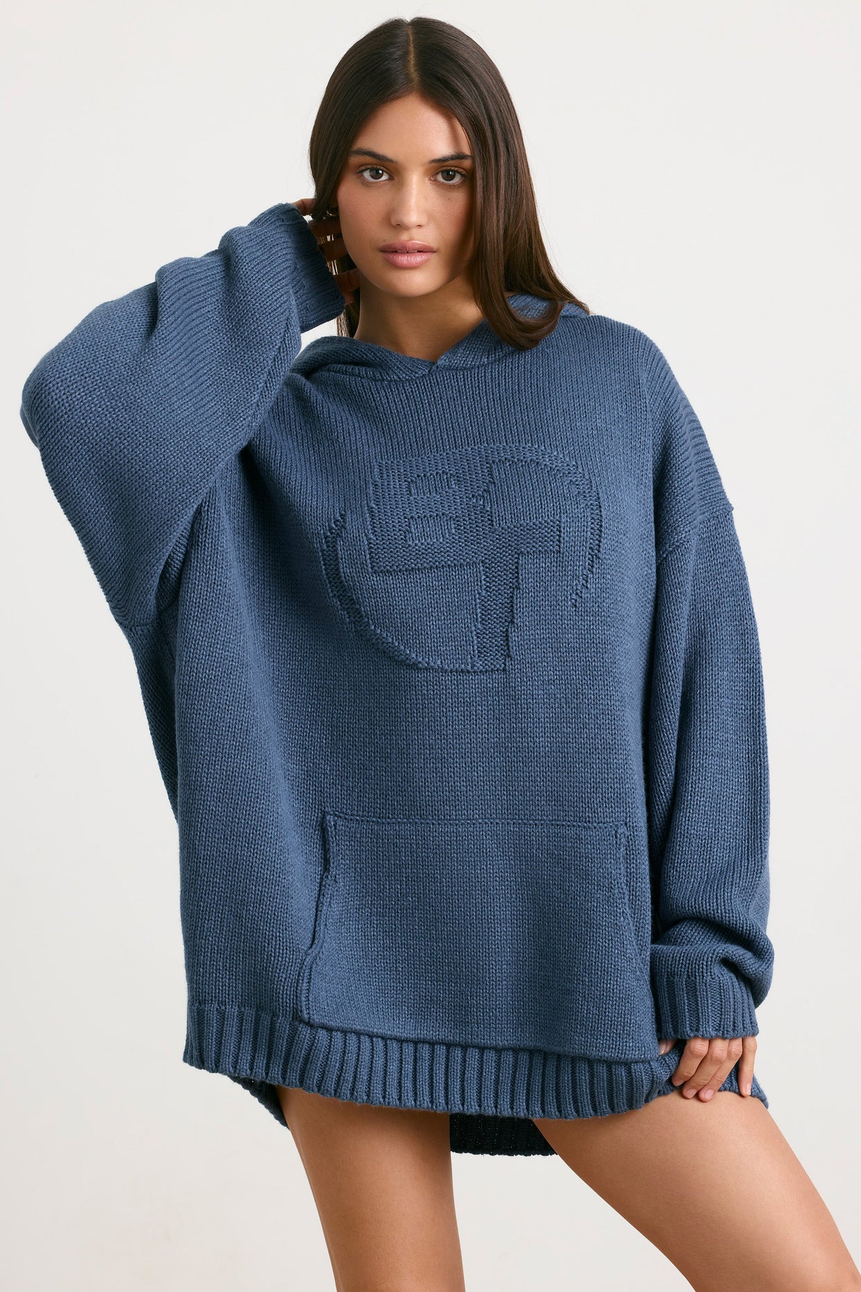 Oversized Chunky Knit Hoodie in Washed Navy