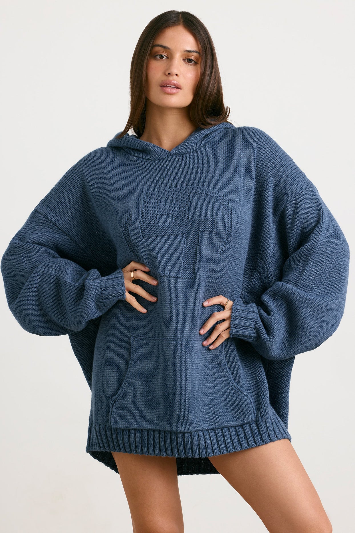 Boyfriend Oversized Chunky Knit Hoodie in Washed Navy | Oh Polly