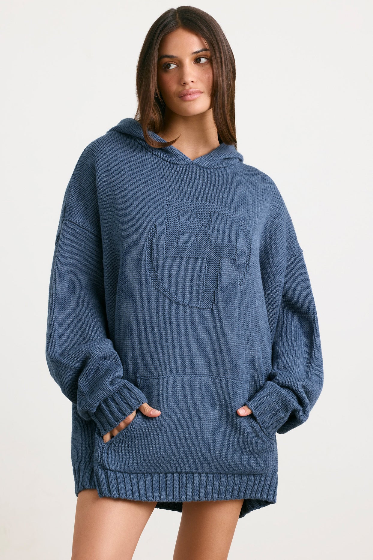 Boyfriend Oversized Chunky Knit Hoodie in Washed Navy | Oh Polly