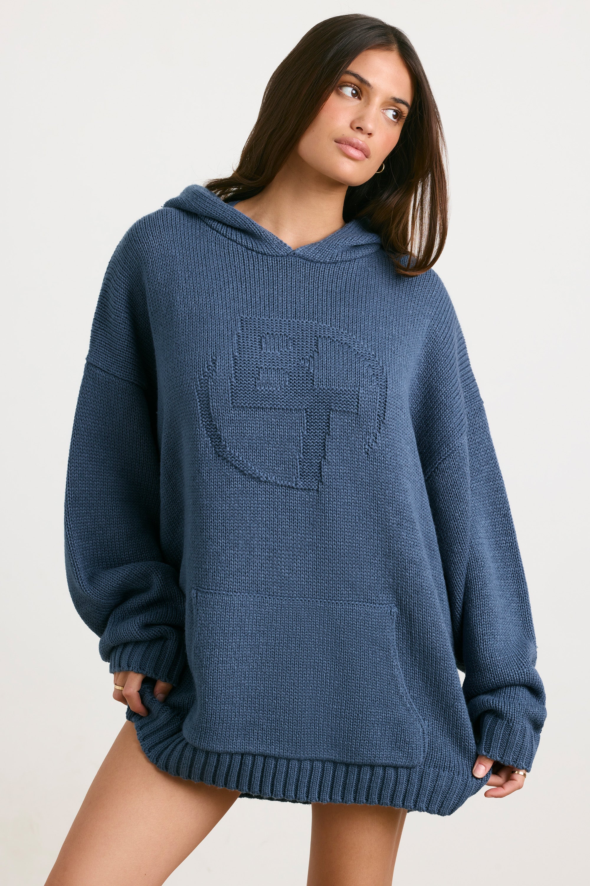 Sudadera con capucha extragrande de punto grueso en azul marino lavado