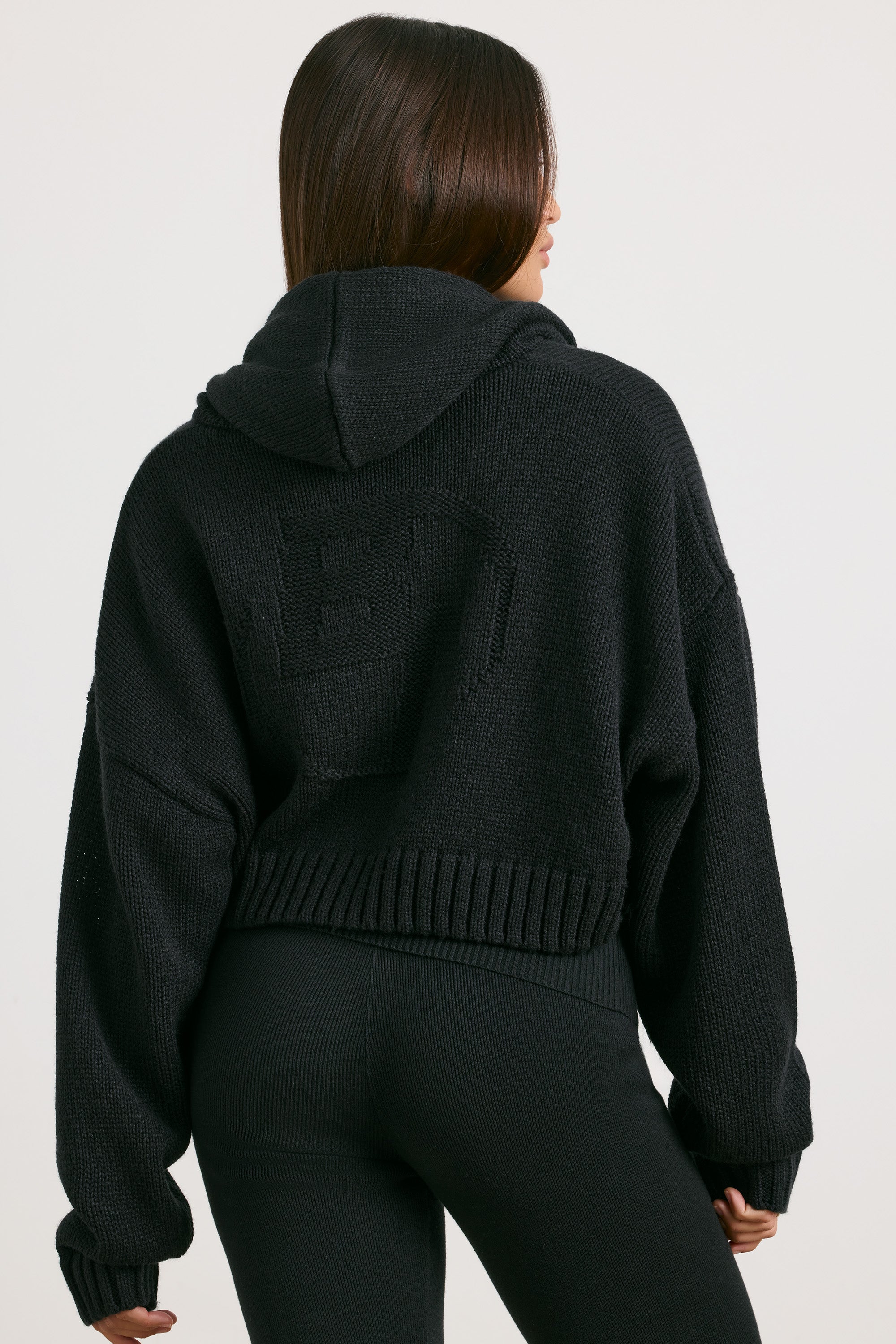 Cropped Zip Up Chunky Knit Hoodie in Black