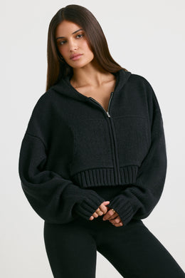 Cropped Zip Up Chunky Knit Hoodie in Black